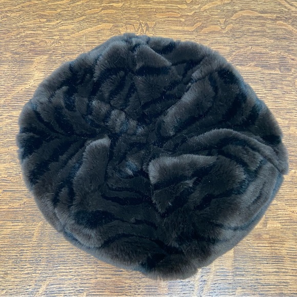 VINTAGE FAUX FUR BLACK BROWN CIRCLE WOMENS FANCY CHIC WINTER BEATNIK HAT - Picture 3 of 11